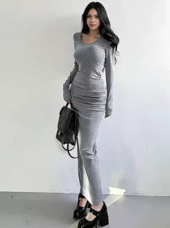 Ruched Maxi Dress For Women - Minimalist Back Slit Long Sleeve Slit Bodycon Dress - Spring Date Night 2026