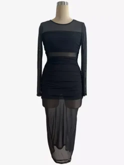 Ruched Mesh Patchwork Long Sleeve Bodycon Maxi Dress For Women 2026