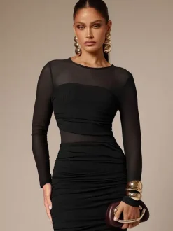 Ruched Mesh Patchwork Long Sleeve Bodycon Maxi Dress For Women 2026