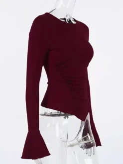 Ruched Side Women Long Sleeve Top - Chic Flare Bell Cuff Slim Fit - Baddie Aesthetic Spring Streetwear 2026