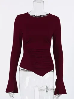 Ruched Side Women Long Sleeve Top - Chic Flare Bell Cuff Slim Fit - Baddie Aesthetic Spring Streetwear 2026