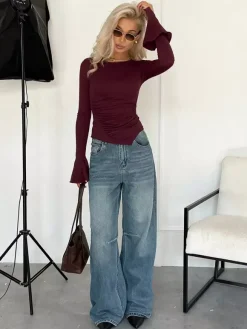 Ruched Side Women Long Sleeve Top - Chic Flare Bell Cuff Slim Fit - Baddie Aesthetic Spring Streetwear 2026