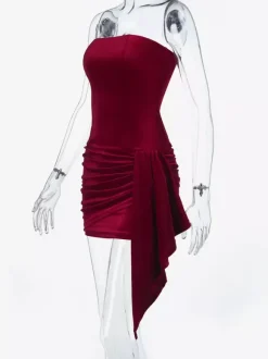 Ruched Velvet Bodycon Mini Dress For Women-Red Strapless Draped Side Sash -Spring Summer Cocktail Party Wear 2026