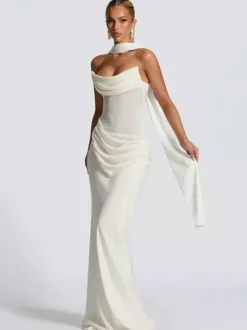 Ruched Waist Slim Fit Mermaid Maxi Prom Dress With Scarf For Women 2026