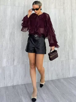 Ruffle Chiffon Blouse Women Chic Sheer Top - Wine Red Retro Victorian Cascading Flare Sleeve - Spring Party Club 2026