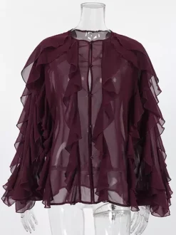 Ruffle Chiffon Blouse Women Chic Sheer Top - Wine Red Retro Victorian Cascading Flare Sleeve - Spring Party Club 2026