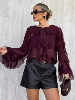 Ruffle Chiffon Blouse Women Chic Sheer Top - Wine Red Retro Victorian Cascading Flare Sleeve - Spring Party Club 2026
