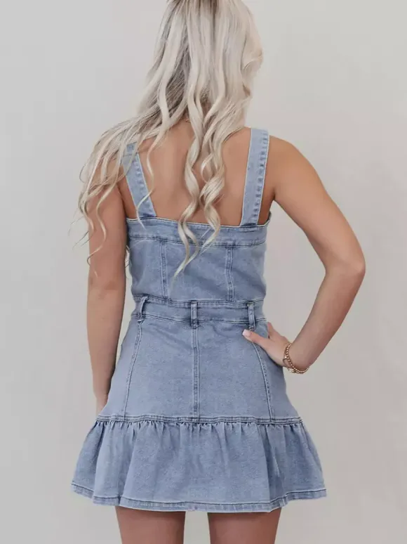 Ruffle Hem Denim Dress For Women - Light Blue Sweet Y2K Button Up Mini Dress - Summer Beach Festival Party Outfit 2026