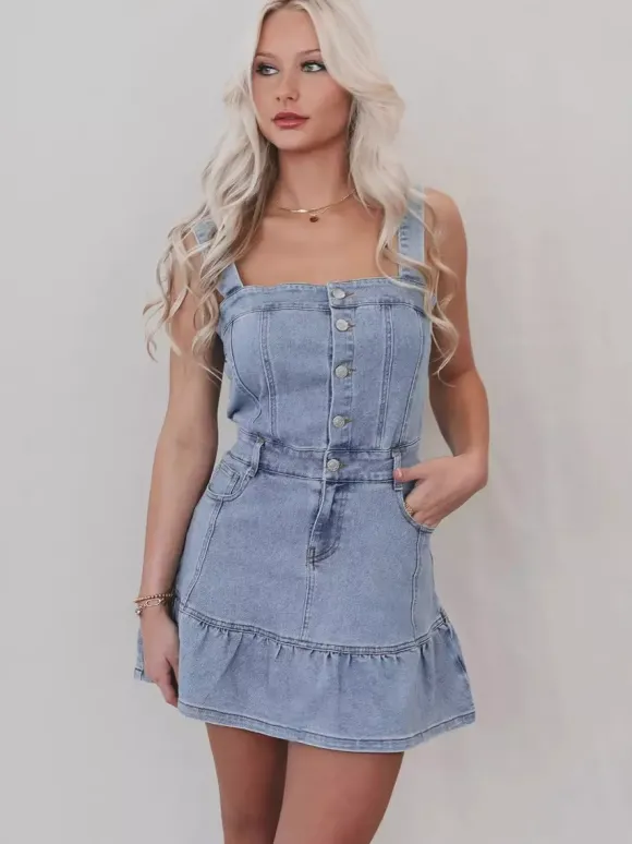 Ruffle Hem Denim Dress For Women - Light Blue Sweet Y2K Button Up Mini Dress - Summer Beach Festival Party Outfit 2026