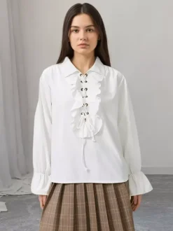 Ruffle Lace-Up Lapel Puff Long Sleeve Blouse