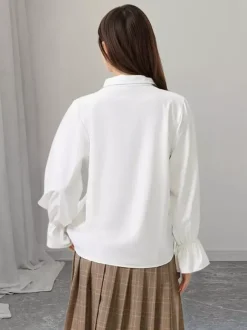 Ruffle Lace-Up Lapel Puff Long Sleeve Blouse
