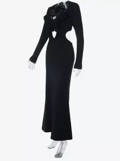 Ruffle V Neck Maxi Dress For Women - Black Elegant Backless Cut Out Bodycon Long Dress - Spring Evening Gown 2026