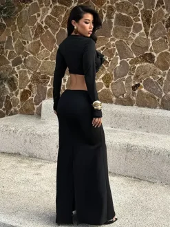 Ruffle V Neck Maxi Dress For Women - Black Elegant Backless Cut Out Bodycon Long Dress - Spring Evening Gown 2026