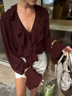 Ruffle Chiffon Blouse For Women - Burgundy Elegant Tie Front Flare Long Sleeve Top - Spring Desk-to-dinner 2026