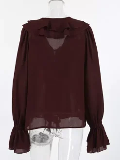 Ruffle Chiffon Blouse For Women - Burgundy Elegant Tie Front Flare Long Sleeve Top - Spring Desk-to-dinner 2026