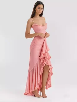 Ruffled Front Party Gown Long Slip Dress For Women 2026