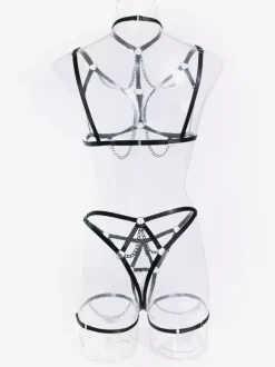 Ruffled Lingerie Lace Up Black Ruffled 3-Piece Bra Panty Sets
