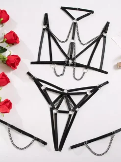 Ruffled Lingerie Lace Up Black Ruffled 3-Piece Bra Panty Sets