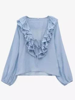 Ruffled Long Sleeve V-neck Blouse For Spring 2026