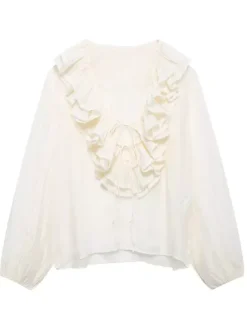 Ruffled Long Sleeve V-neck Blouse For Spring 2026