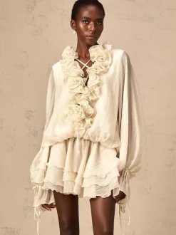 Ruffle Layered Mini Dress For Women - Boho Lantern Sleeve Flower V Neck Skater Dress With Shorts - Spring Party 2026