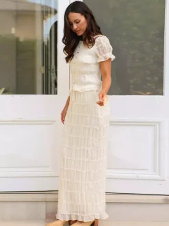 Ruffle Puff Sleeve Ruched Crop Top Mermaid Maxi Skirt Two Piece Set