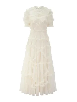 Ruffles Dress Illusion Neckline Ruffles Layered Tulle Maxi Dresses
