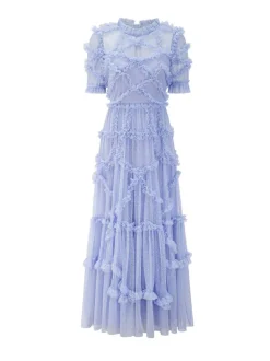 Ruffles Dress Illusion Neckline Ruffles Layered Tulle Maxi Dresses