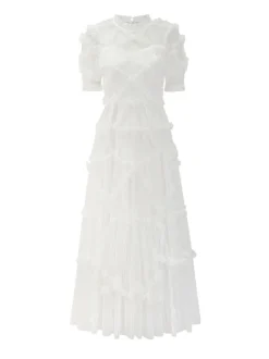 Ruffles Dress Illusion Neckline Ruffles Layered Tulle Maxi Dresses