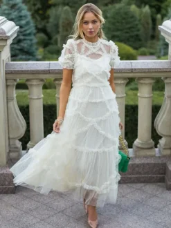 Ruffles Dress Illusion Neckline Ruffles Layered Tulle Maxi Dresses