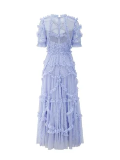 Ruffles Dress Illusion Neckline Ruffles Layered Tulle Maxi Dresses
