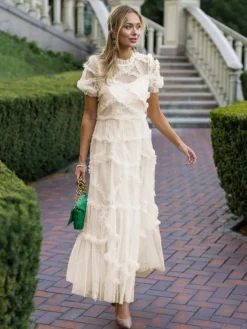 Ruffles Dress Illusion Neckline Ruffles Layered Tulle Maxi Dresses