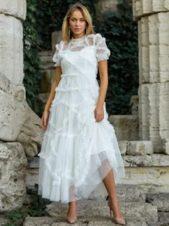 Ruffles Dress Illusion Neckline Ruffles Layered Tulle Maxi Dresses