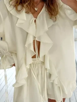 Ruffle Shirt And Shorts Two Piece Set For Women - Cream Boho Flare Sleeve Tie Front - Summer Beach Vacation Outfit 2026