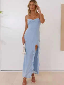 Ruffle Side Slit Maxi Slip Dress For Women - Elegant Backless Slinky Prom Gown - Summer Wedding Guest 2026
