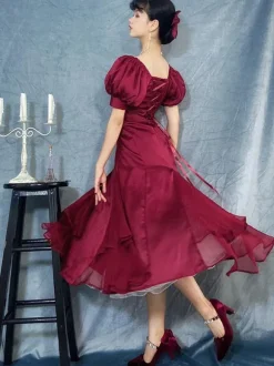 Ruffles Lace Up Lolita OP Dress Burgundy Short Sleeves Lolita One Piece Dresses