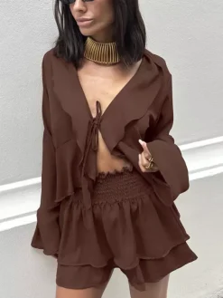 Ruffle Trim V-Neck Flare Sleeve Tops And Smocked Waist Mini Skirt Two Piece Set 2026