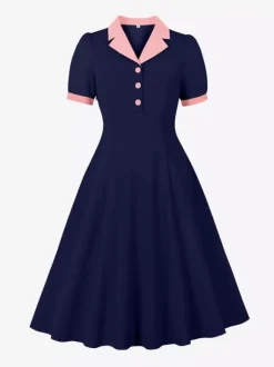 1950s Vintage Lapel Collar Swing Dress Puff Short Sleeve Button Retro Rockabilly Dress