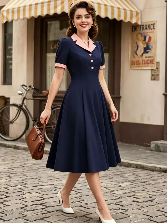 1950s Vintage Lapel Collar Swing Dress Puff Short Sleeve Button Retro Rockabilly Dress