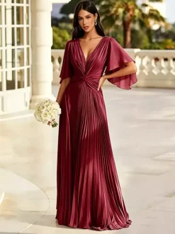 Sage Green Bridesmaid Dress Pleated Chiffon Bridesmaid Dress V Neck Flutter Sleeve Twist Front Low Back Floor Length Wedding Guest Gown