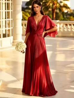 Sage Green Bridesmaid Dress Pleated Chiffon Bridesmaid Dress V Neck Flutter Sleeve Twist Front Low Back Floor Length Wedding Guest Gown