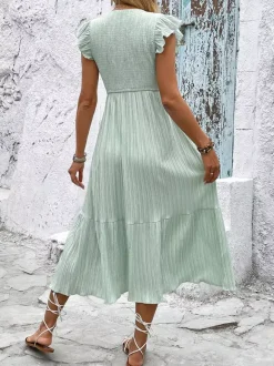 Sage Green Midi Sundress for Women - Flutter Sleeve Smocked Button Front Tiered A Line Dress - Summer Beach Vacation 2026