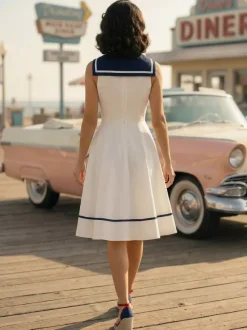 Sailor Collar Bow Knot Sleeveless Retro Swing A-Line Dress For Women 2026