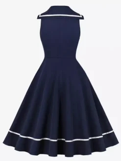 Sailor Collar Bow Knot Sleeveless Retro Swing A-Line Dress For Women 2026