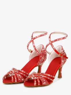 Satin Ballroom Dance Shoes Rhinestone Strappy Latin Dance Shoes