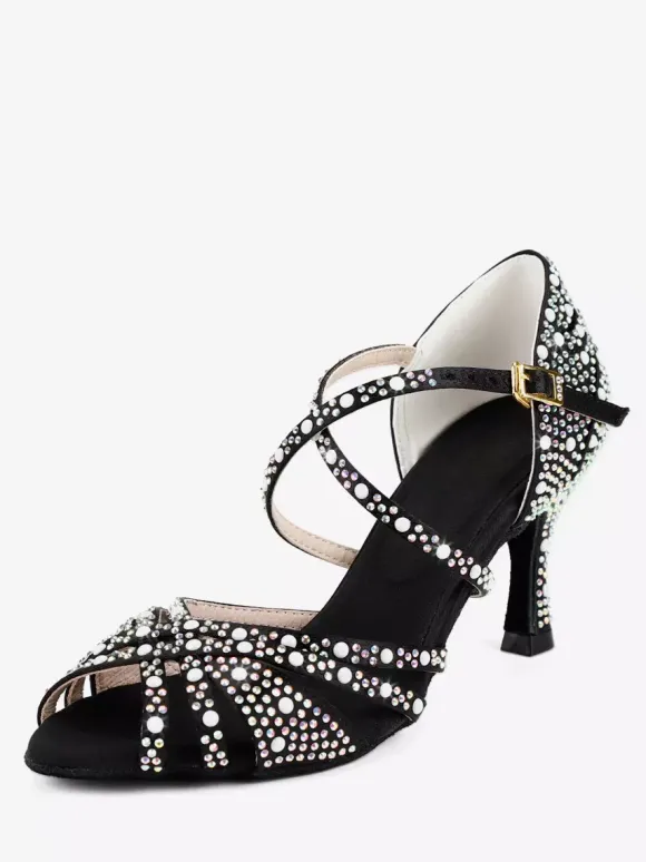 Satin Ballroom Dance Shoes Rhinestone Strappy Latin Dance Shoes
