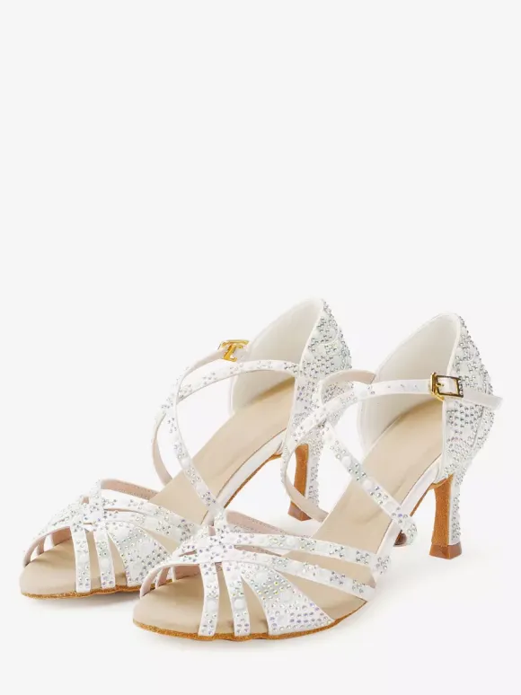 Satin Ballroom Dance Shoes Rhinestone Strappy Latin Dance Shoes