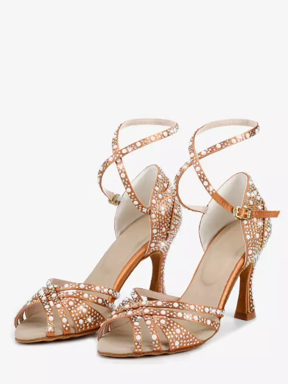 Satin Ballroom Dance Shoes Rhinestone Strappy Latin Dance Shoes