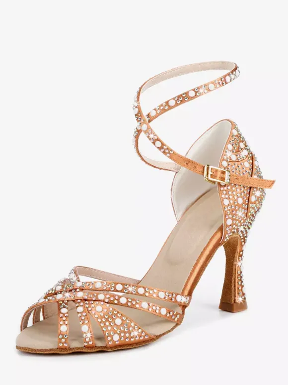 Satin Ballroom Dance Shoes Rhinestone Strappy Latin Dance Shoes