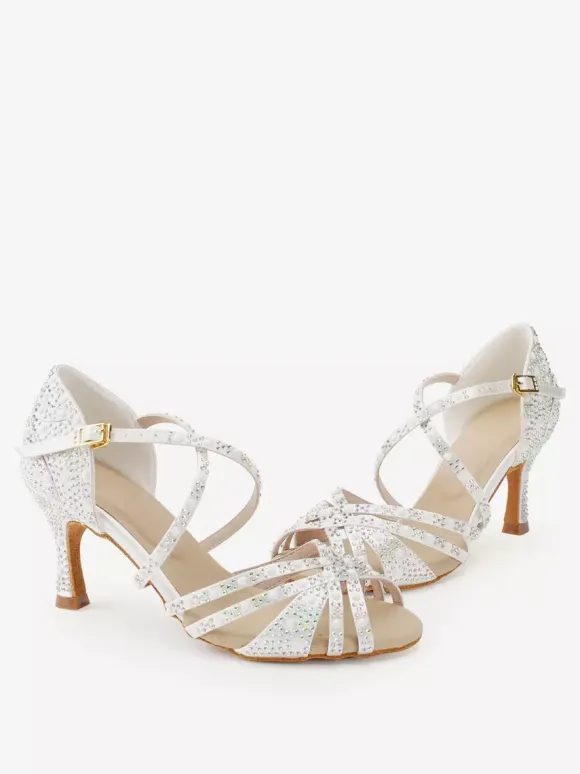 Satin Ballroom Dance Shoes Rhinestone Strappy Latin Dance Shoes